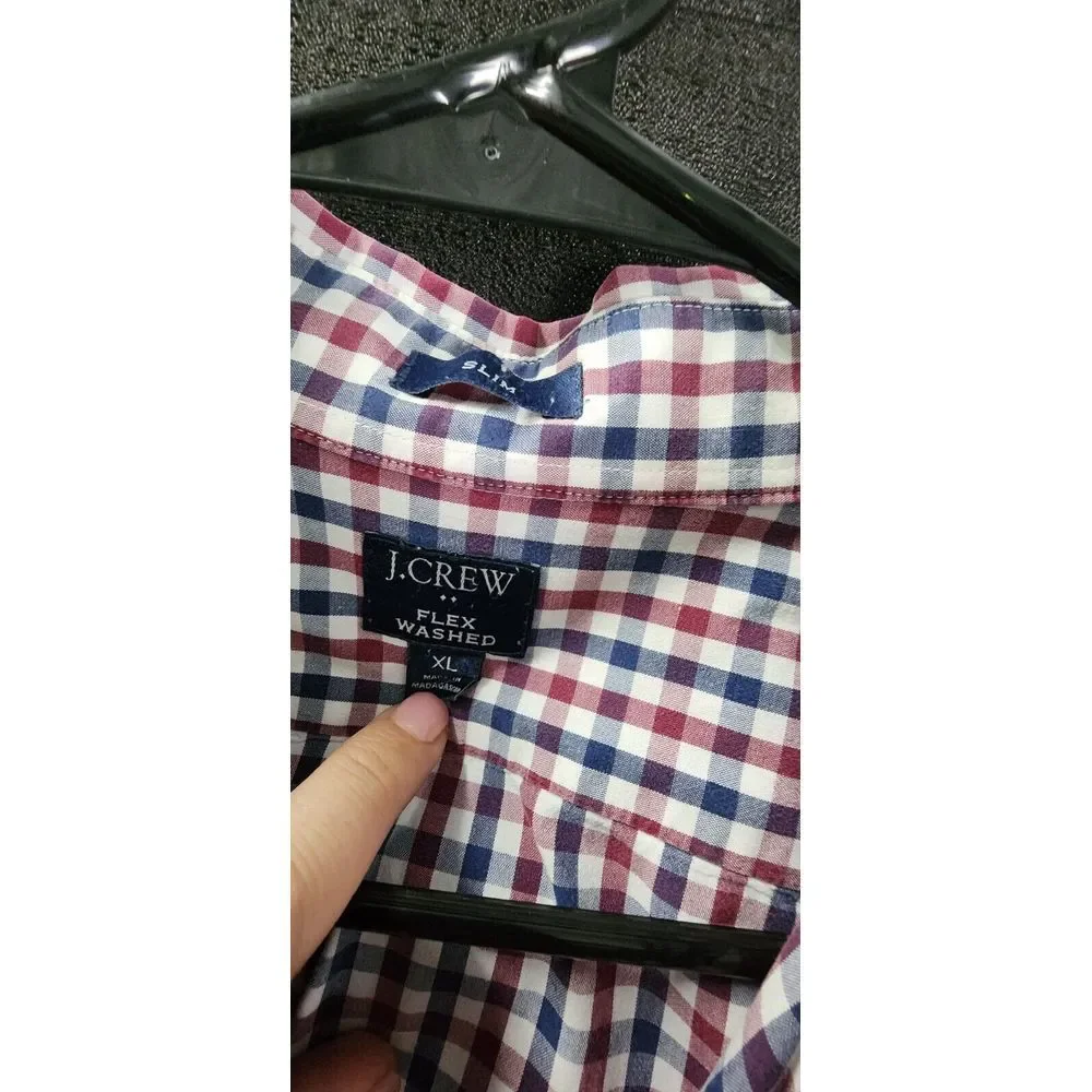 J Crew Size XL Slim Fit Long Sleeve Button Down Checked Red Blue Shirt Flex Wash
